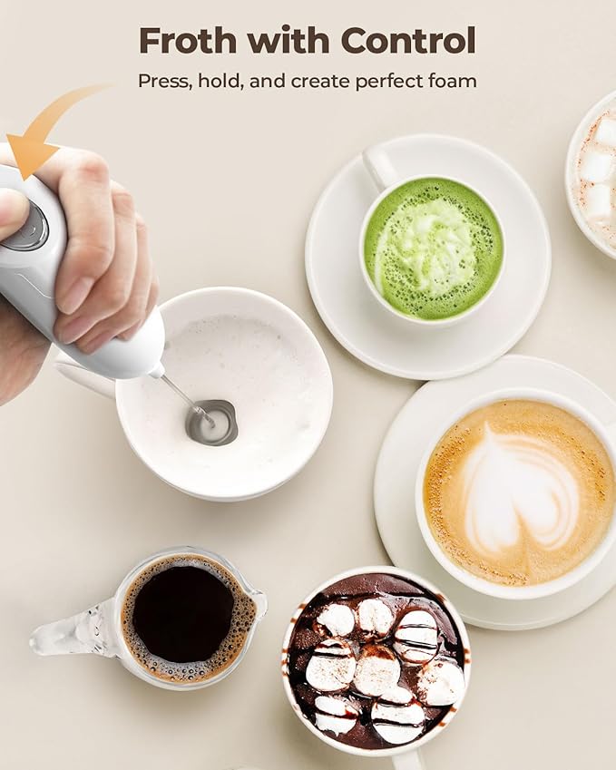 SIMPLETASTE Milk Frother Handheld Electric Foam Maker, Drink Mixer with Stainless Steel Whisk for Cappuccino, Bulletproof Coffee, Latte, Blizzard White, without Stand, Battery Operated
