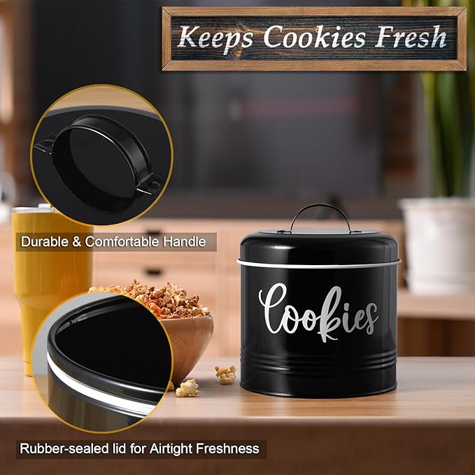 DAYYET Farmhouse Cookie Jar for Kitchen Counter, 1 Gallon Vintage Cookie Jar with Airtight Lid, Large Food Storage Container for Candy, Cookies, Dessert, Black Kitchen Decor and Accessories