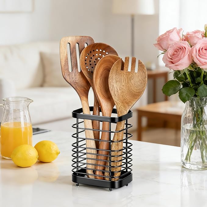 Utensil Holder, Stainless Steel Utensil Drying Rack for Kitchen Counter, Silverware Cutlery Flatware Holder Forks, Knives, Spoons, Chopsticks Organizer (Black)