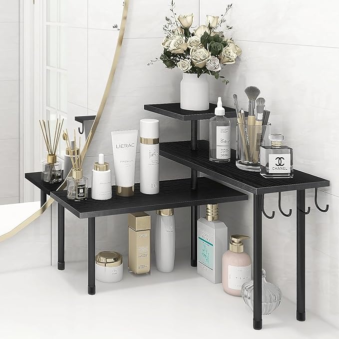 Homode Bathroom Counter Organizer Corner Shelf, Kitchen Countertop Organizer, 3 Tier Wood Counter Shelf Stand for Over The Sink, Coffee Station, Desktop, Black