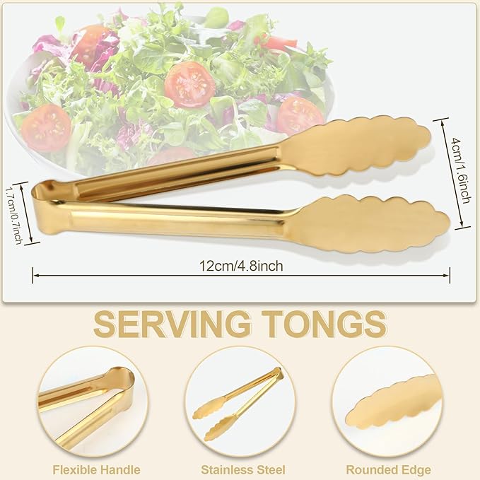 4 Pack Gold Tongs for Serving Food, 9 Inch Serving Tongs, Gold Buffet Tong Stainless Steel Utensils, Metal Kitchen Tong for Salad, Steak, Appetizer, Snack and Small Food (GOLD, 9INCH)