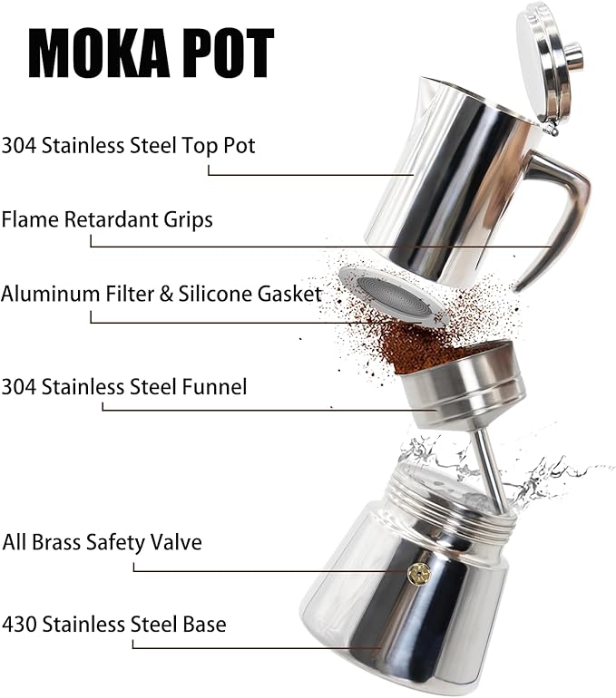 2 Cup Thickened 304 Stainless Steel Moka Pot Stovetop Espresso Maker Cafeteras Italian Percolator Espress Makers Capable Greca Mocha Coffee Machine for Induction Home and Camping 100ml 3.4oz