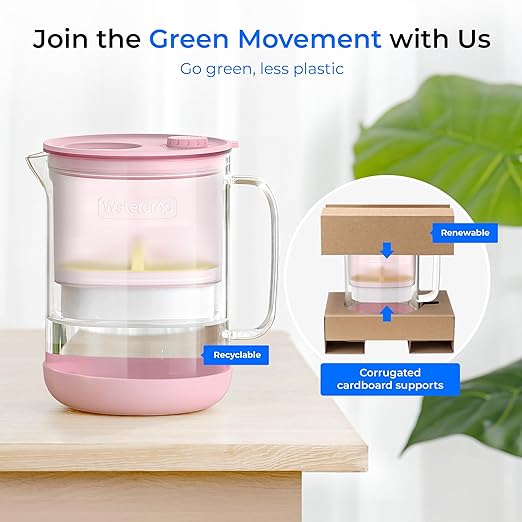 Waterdrop PT-72P Glass Water Filter Pitcher, 7-Cup, Eco-Friendly, NSF/ANSI 53, 42 & 372 Certified Filter, Reduces PFOA/PFOS, Chlorine, Cadmium, Copper & Mercury, BPA-Free, Easy to Clean, Pink