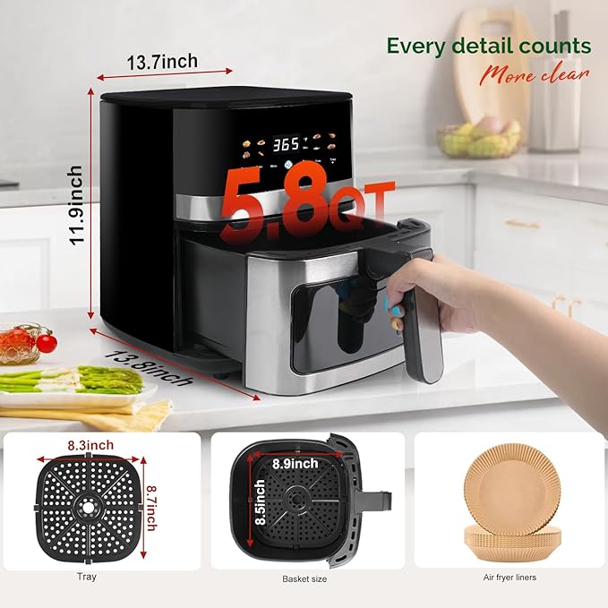 5.8QT Digital Air Fryer with Viewable Window, Air Frying, Reheat, Easy for Frozen Food, Snacks, Dinner, Large Square Basket than Round, Portable for Family & Apartment, Gift Box Included