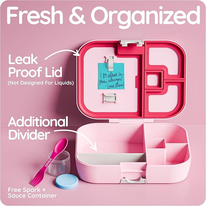 YOOPI Lunch Boxes for Kids–Toddler Bento Box with 4 Leakproof Compartment Food Bentobox Container,Lunch Box for School with Lunchbox Containers, Lightweight Sandwich Box & Snack Box (Light Pink)