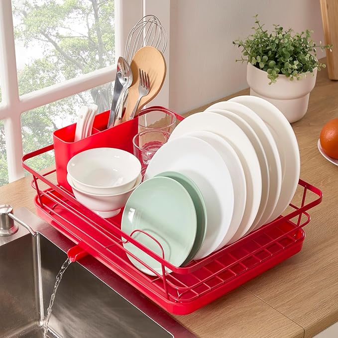 Dish Drying Rack 3 Piece Dish Drainer with Drainboard Set for Kitchen Counter ✅– Dish Rack with Removable Utensil Holder & Swivel Spout for Countertop ✅– DishRack for Plates, Cups & Organization, Red