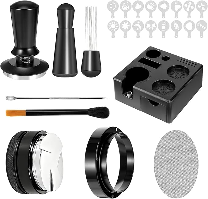 51mm Espresso Accessories Kit, Fits Delonghi Portafilters, 9PCS Barista Tool Kit Includes Tamper, Distributor, WDT Tool, Puck Screen, Dosing Funnel & Latte Art Set with 16 Stencils