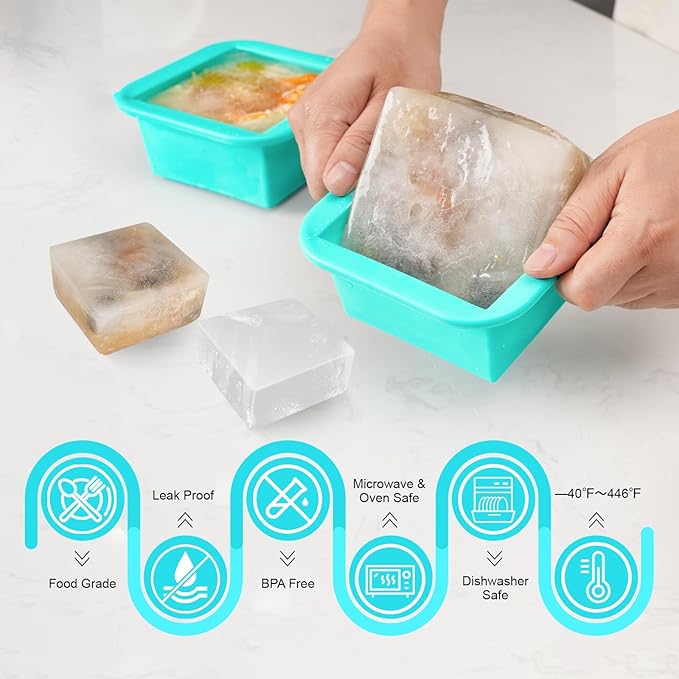 Silicone Freezer Tray with Lid 4 Pack Silicone Freezer Molds Ice Cube Tray Makes 4 Perfect 2 Cup Portions Soup Cubes Meal Prep Containers- Oven & Dishwasher Safe
