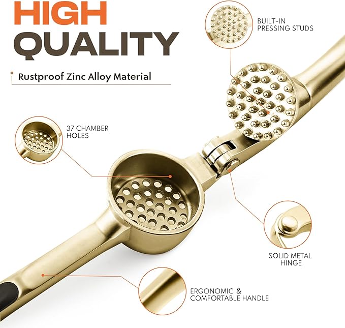 Kitchen Garlic Press, Rust Proof & Dishwasher Safe Garlic Mincer, Durable Garlic Crusher Set with Peeler＆Brush, Easy to Clean and Squeeze, Gold