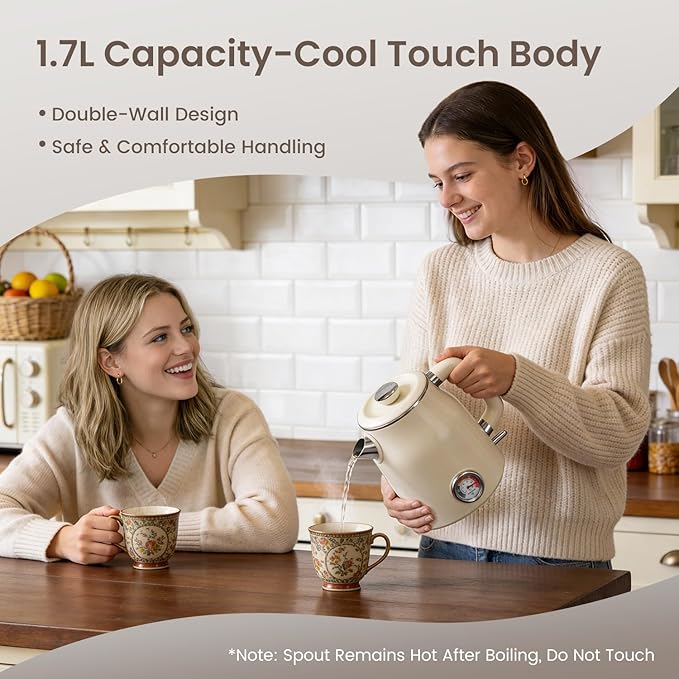 Mecity Retro Electric Kettle 1.7L, Stainless Steel Interior (No Plastic Contact), Double Wall Cool Touch, Fast Boil 1500W, Thermometer (°F/°C), Removable Lid, Wide Opening Easy Cleaning, 120V, Cream