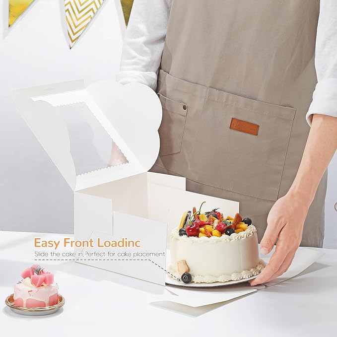 Small Cake Boxes 8 Inch with Window, 24 Set Bakery Boxes with Cake Boards & Stickers, Cupcake Box for Birthday, Party, Wedding, Mother's Day, Valentine's Day, Christmas（8x8x5 inch）