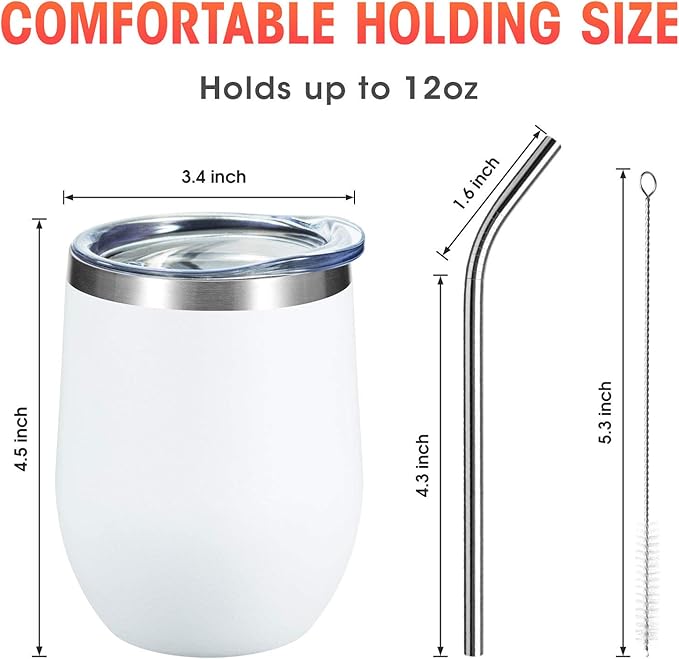 COMOOO 12oz Wine Tumbler with Lid and Straw, Stainless Steel Stemless Wine Glass, Double Wall Vacuum Insulated Wine Tumbler Cup, Cocktails,Beer,Champaign, White, 8 Pack