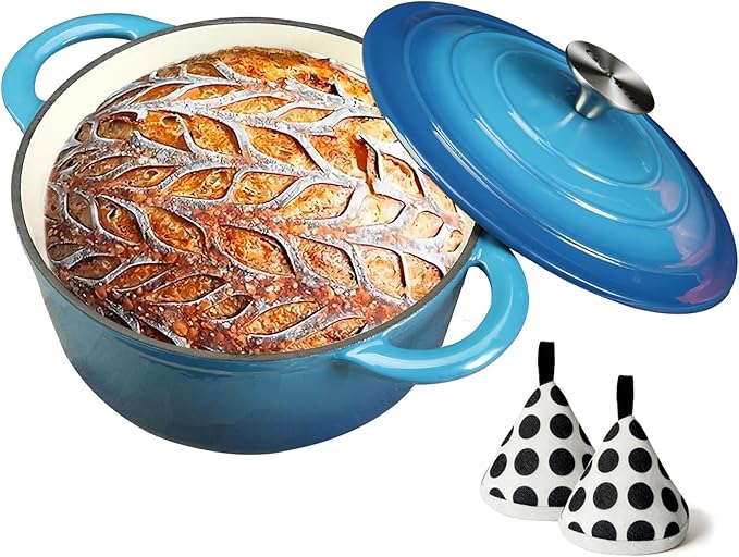 Enameled Cast Iron Dutch Oven with Lid, 3 Quart Heavy Duty Cookware Pot with Dual Handles for Bread Baking, Braising, Stews, Roasting and Oven Safe, Blue