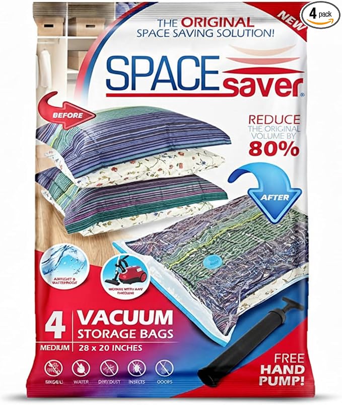Spacesaver 4 Pack Medium Vacuum Storage Bags for Clothes - 28 x 20-Inch Vacuum Sealer Compression Bags with Hand Pump - Space Saver Storage Bag for Travel Essentials, Garments and Organization