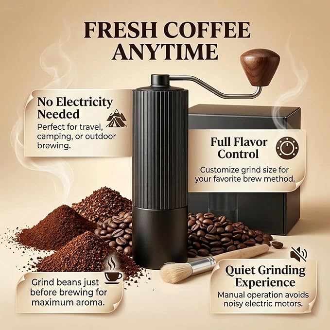Manual Coffee Grinder with 420 Stainless Steel Burr, Adjustable Settings for Espresso & Turkish Coffee, Portable Hand Crank Coffee Grinder, 45g Capacity, Aluminum Body with Walnut Handle for Multi Use