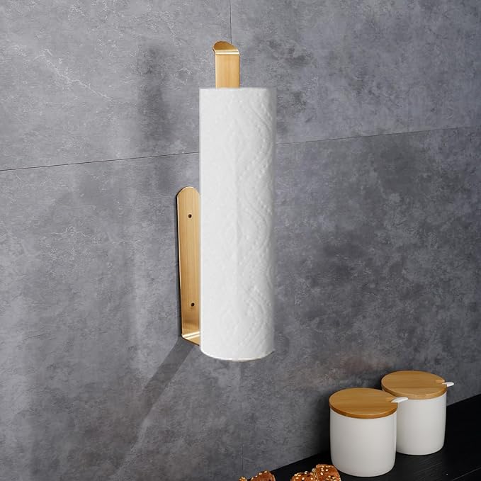Self Adhesive Paper Towel Holder Under Cabinet Mount, 304 Stainless Steel Wall Mount Paper Towel Roll Rack for Kitchen Cabinet, Bathroom (Gold)