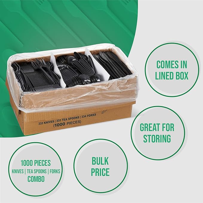 1,000 Plastic Disposable Cutlery Bulk Variety Pack Black Medium Weight Includes 334 forks, 333 knives, 333 soup spoons, Disposable Silverware Plastic Cutlery
