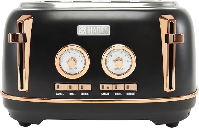 Haden Dorset 4 Slice Wide Slot Stainless Steel Toaster with Adjustable Browning Control & Non-Slip Feet, Black & Copper