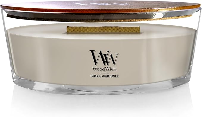 WoodWick Tonka & Almond Milk Gifts for Women and Men, 16 oz Ellipse Candle with Crackling Wick