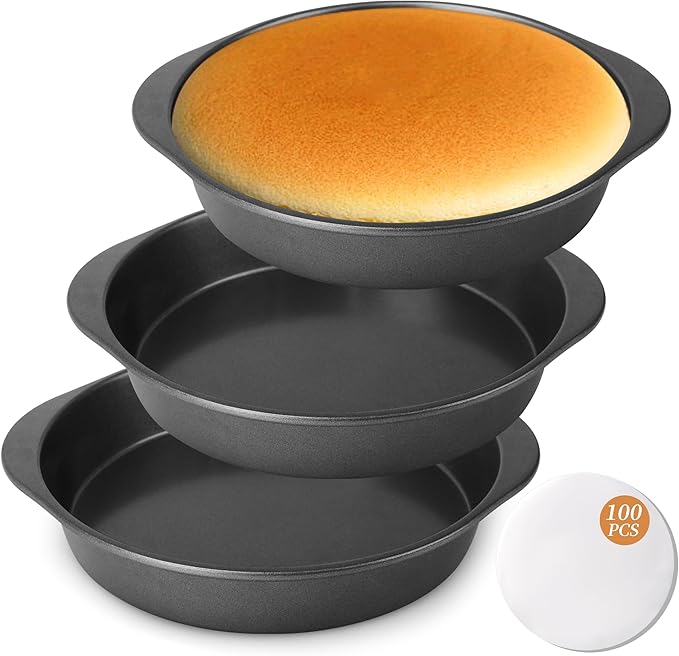 BEWOS 9 Inch Cake Pan Set - 100 Pcs Parchment Paper With 3 Pcs Carbon Steel Round Cake Pans, Nonstick Baking Pans Set With Handle, Dishwasher Safe