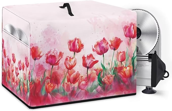 Meat Slicer Dust Cover, 16x13x13 Inch Food Slicer Cover, Compatible with Cheese Bread Meat Slicer and Most Other Model, Dust-Proof, Waterproof(Only Cover) Simple Pink Tulip Floral Print