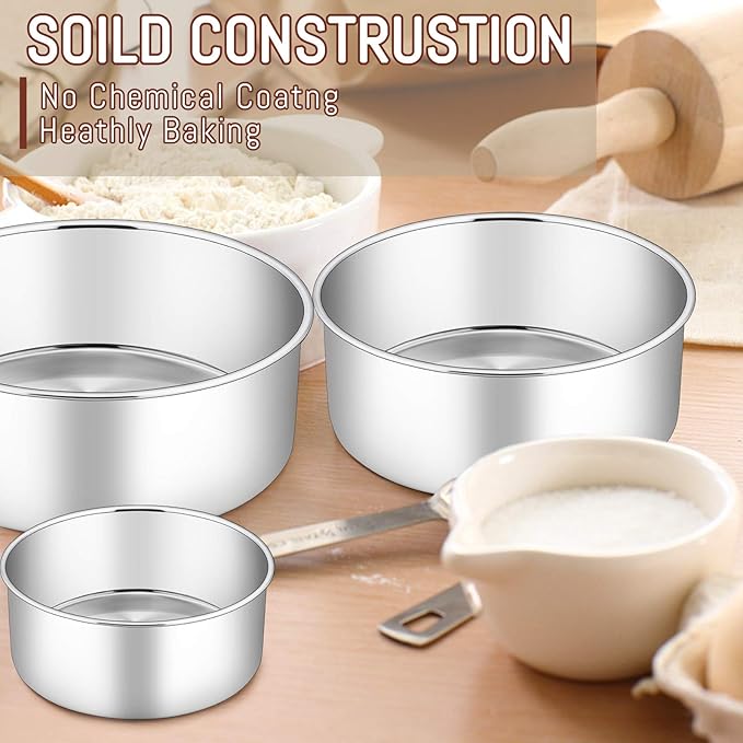 E-far Cake Pan Set of 3 (4’’/6’’/8), Deep Stainless Steel Round Cake Pans Tins for Wedding Birthday, Non-toxic & Dishwasher Safe, Mirror Finish & Straight Side