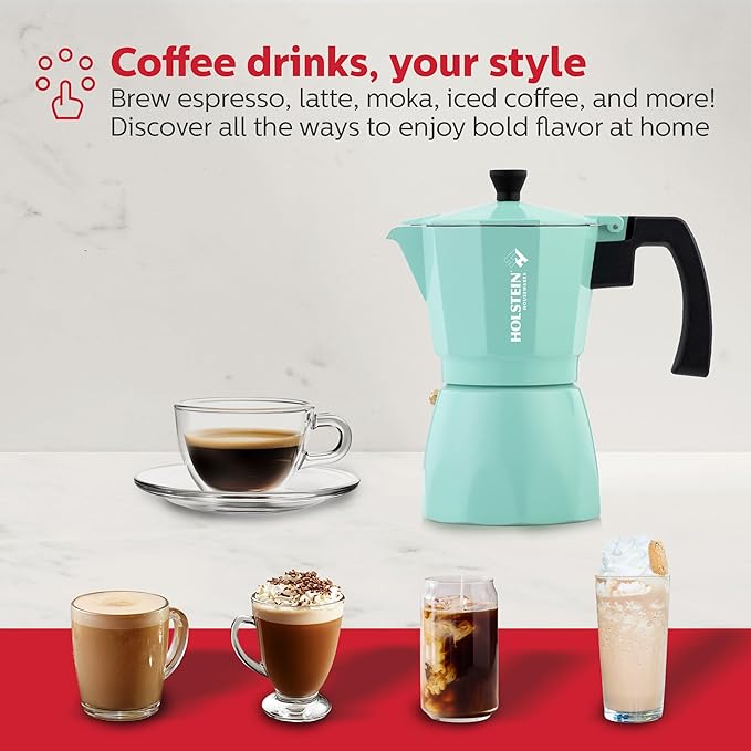 Holstein Housewares - 6 Cup Aluminum Stovetop Espresso Maker and Moka Pot - Great Tasting Traditional Espresso Coffee, Italian and Cuban Café Brewing in Minutes, Mint