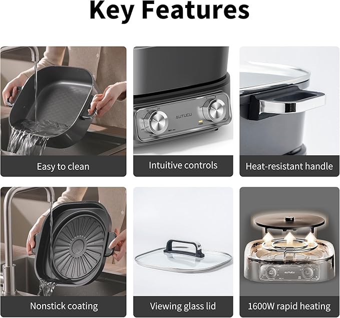 6-Quart Electric Skillet with Grill | Non-Stick PFOA-Free Ceramic-Coated Pot, 1600W, Timer & 3 Power Settings for Steak, Egg, Ramen (Includes Tongs) Pot & Grill