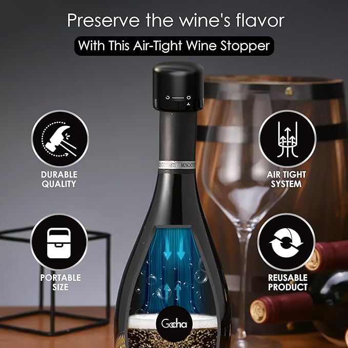 GOCHA | Vacuum Built-in Wine Preserver | Universal Champagne & Wine Saver | 1.5 inch Silicone Twist Top | Reusable, Leak Proof Stainless Steel Sealer | (Pack of 1)