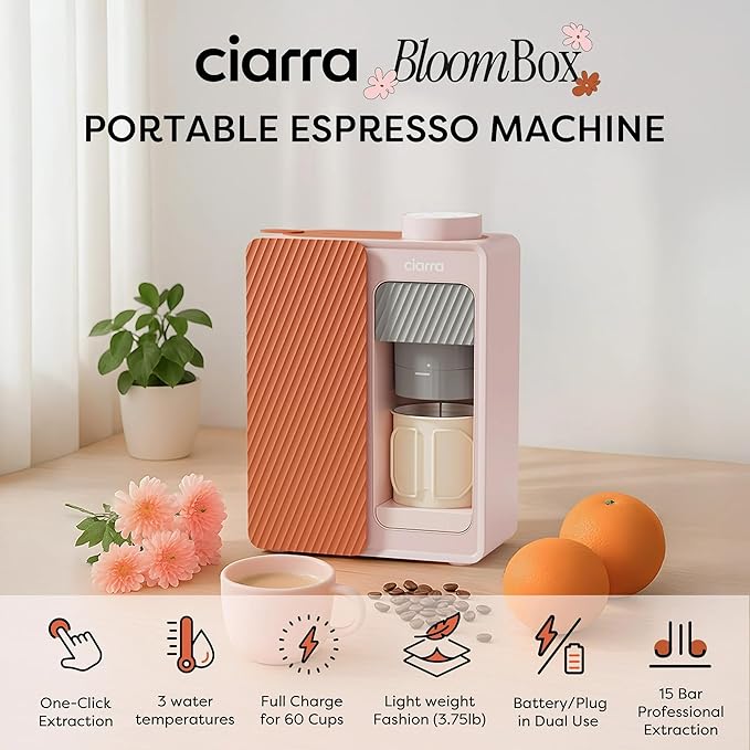 CIARRA Bloombox Compact Espresso Coffee Maker, 15 Bar Rich Flavor Brew Espresso Coffee Machine for Travel Camping RV Office Home, Easy to use, 6.1oz Stainless Steel Water Tank