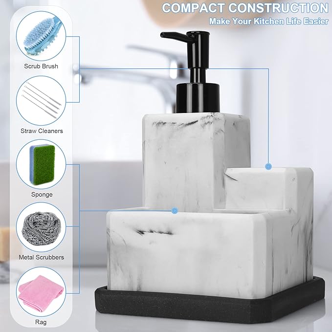 Soap Dispenser with Sponge Holder and Brush Holder,White Marble 3 in 1 Liquid Hand Dish Soap Dispenser and Sponge Holder Sink Caddy Organizer for Kitchen Bathroom,Removable Bottom Tray