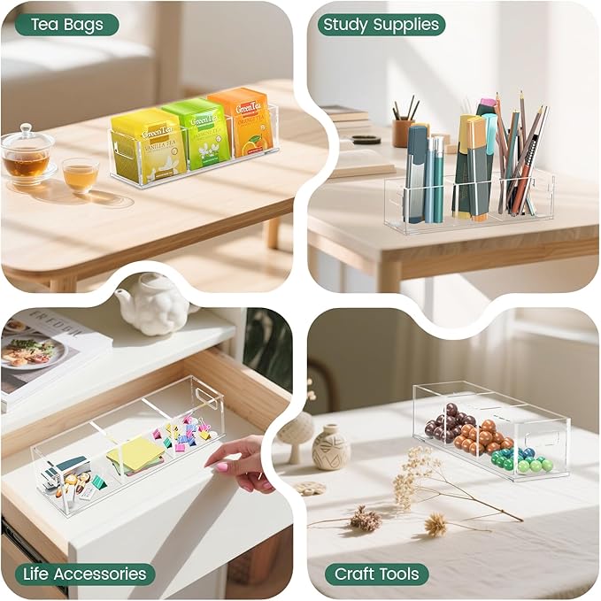 EsLuker.ly Tea Bag Holder Organizer for Counter Small Acrylic Teabag Caddy Storage, 2 Pack Clear Tea Bar Station Accessories with Easy Access for Kitchen Office Countertop Cabinet Drawer