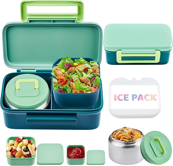 Lunch Box for Kids With 8oz Soup Thermo, Leak-proof Lunch Container with 2 Compartments, Thermo Food Jar Food Containers for Back to School Girls Boys (Green)