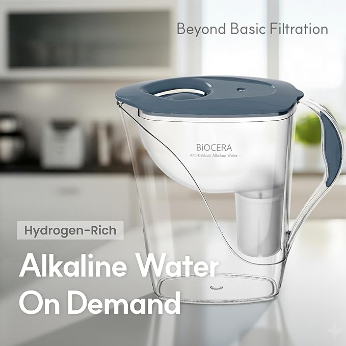 BIOCERA Antioxidant Alkaline Water Pitcher, NSF Certified, pH 9.5+ Mineral Boost, Hydrogen Rich Water, Includes 2 Filter Cartridges, BPA Free