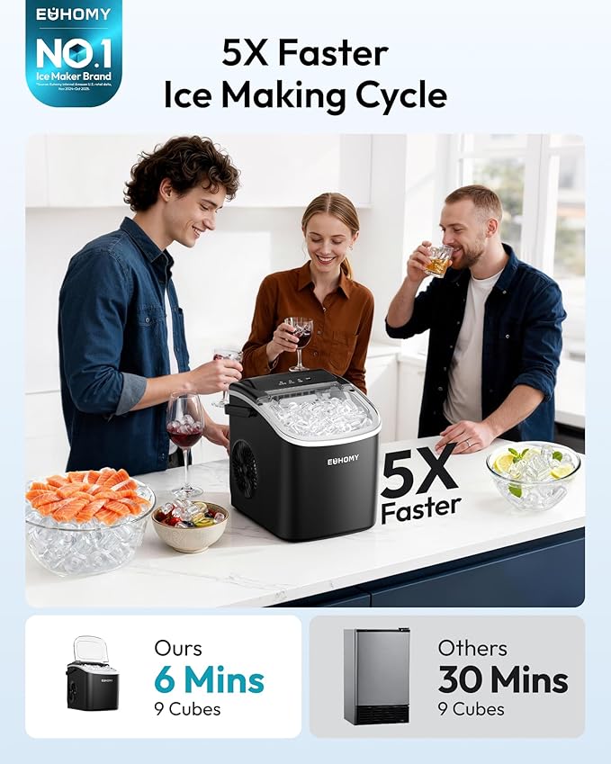 EUHOMY Countertop Ice Maker Machine with Handle, 26.4lbs in 24Hrs, 9 Ice Cubes Ready in 6 Mins, Self-Cleaning Portable Ice Maker with Basket and Scoop, for Home/Kitchen/Camping/RV. (Black)