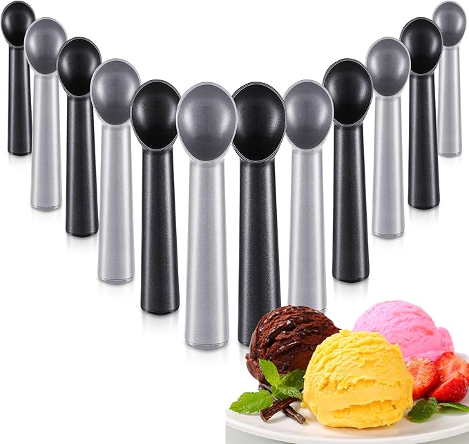 Gejoy 12 Pcs Ice Cream Scoops Bulk, 7 Inch Nonstick Anti Freeze Ice Cream Scooper Aluminum Design Dessert Spoon for Gelatos Frozen Yogurt Fruit Sundaes Sorbet Almond Cookie Dough(Black and Silver)