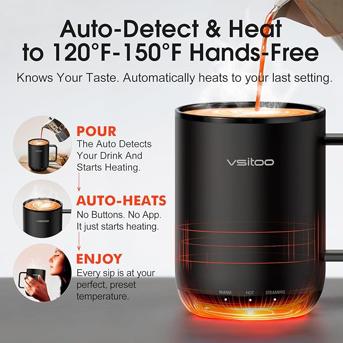 Vsitoo S3 Plus 14oz Heated Coffee Mug - Temperature Control Smart Mug with Mug Warmer, Auto-Sensing AI Heats Drinks to 120-150°F Hands-Free.Ideal for Home/Office/Gifts，Black