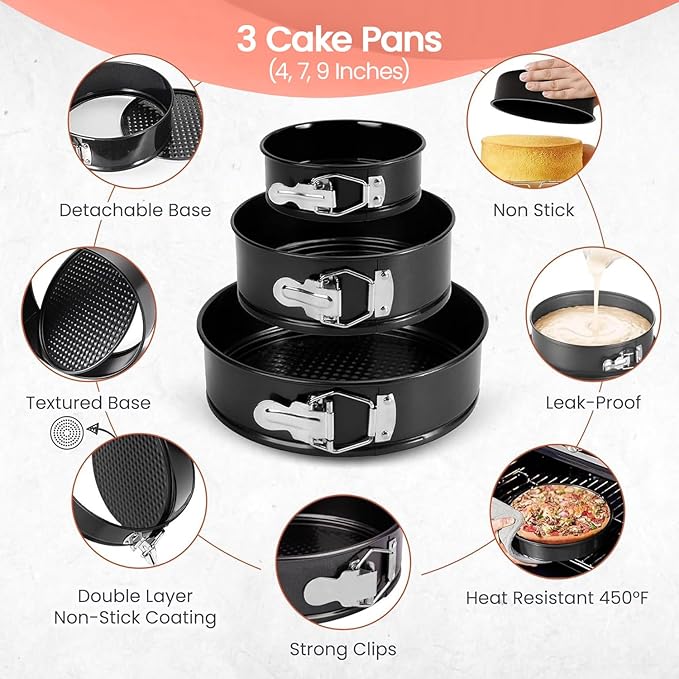 RFAQK 150PCs Cake Pan Set for Baking + Cake Decorating Supplies: 3 Round Non Stick Springform Pan Set (4, 7, 9 inches),24 Icing Tips,Cake Leveler–Multi-functional Leak-Proof Cake Pans & eBook