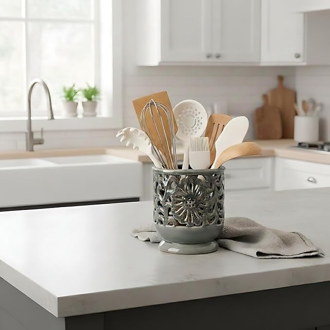 Farmhouse Kitchen Utensil Holder for Countertop, Ceramic Large Cooking Utensil Crock with Cork Mat, Decorative Rustic Utensil Holder for Kitchen Counter, Hollow Carving Flower, Gray