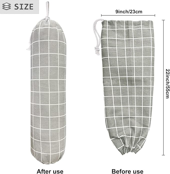 SYIPO Plastic Bag Holder, Wall Mount Organizer, Shopping Bags Carrier, Washable Large Grocery Storage Dispenser for Home Kitchen Travelling, Free Adjustment with Drawstring (Check Gray)
