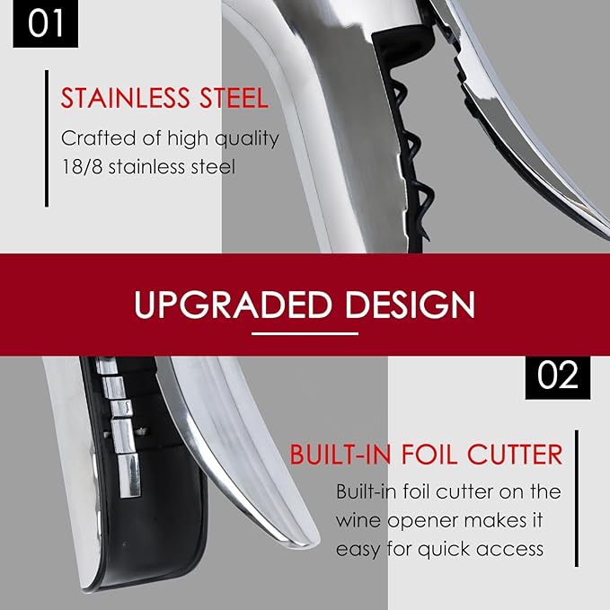 KAYCROWN Stainless Steel Wine Bottle Opener, Vertical Lever Corkscrew with Built-in Foil Cutter Design, Manual Handheld Corkscrew with Ergonomic Lever Pump