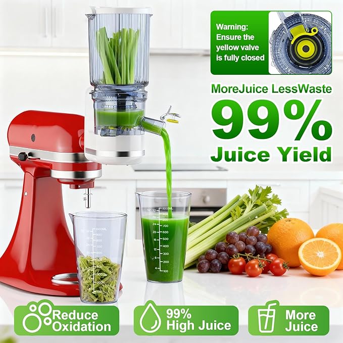 Masticating Juicer Attachment for KitchenAid Stand Mixer, 4.9" Large Feed Chute Fit Whole Vegetables & Fruits, Slow Cold Press Juicer Includes 2 * 32oz Capacity Cups, Juicer Attachment for Kitchen Ai
