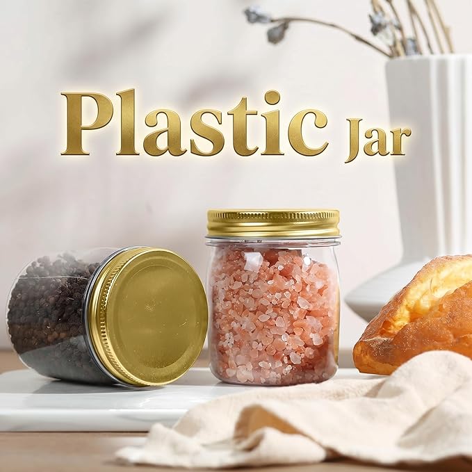 novelinks 8 oz Clear Plastic Jars with Airtight Lids, 8 Pack Plastic Mason Jars with Lids 8oz, Refillable Storage Slime Containers & Small Spice Jar for Kitchen Organization (8 Pack,Gold)