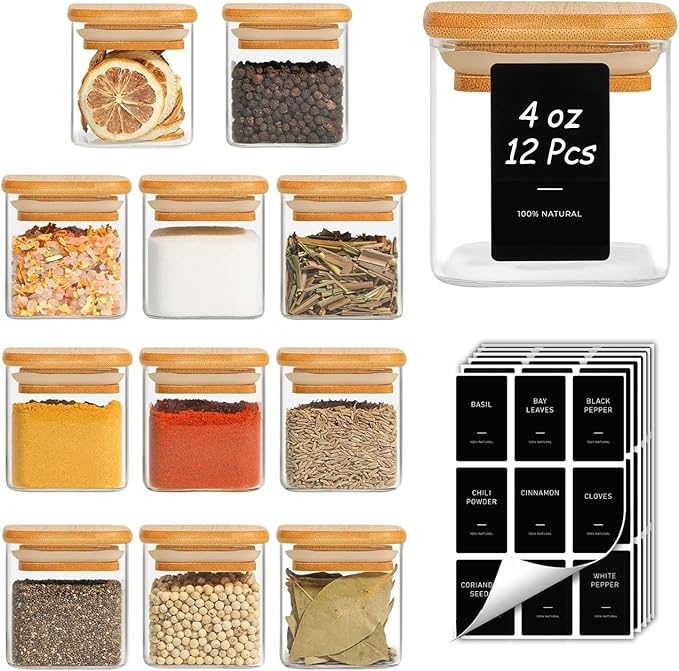 ComSaf 12Pcs Spice Jars with Labels, Glass Jar with Bamboo Lid, 4oz Airtight Square Spice Containers with Black Lables, Empty Seasoning Jars for Spice, Salt, Pepper, Sugar