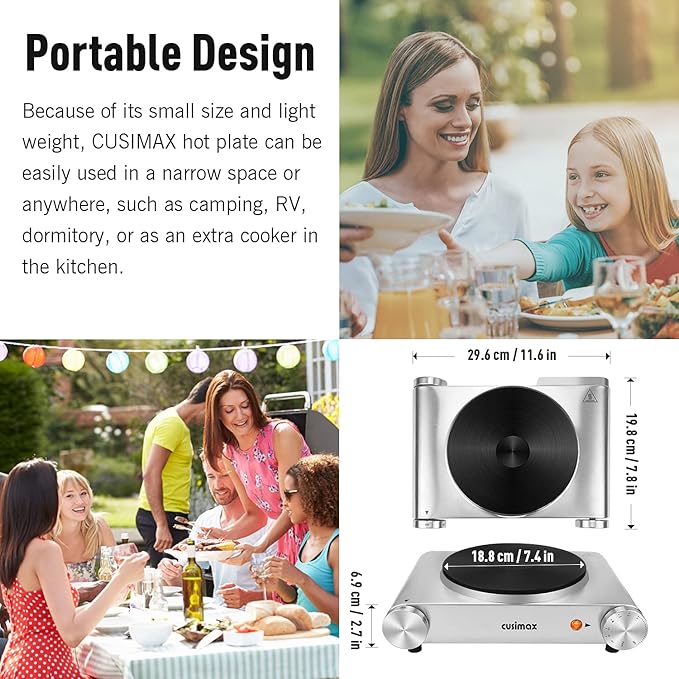 Electric Stove, CUSIMAX Portable Hot Plate for Countertop, Single Cast Iron Burner, 1500 Watts 7-Stage Temperature Control, Suitable for Any Cookware, Easy to Clean