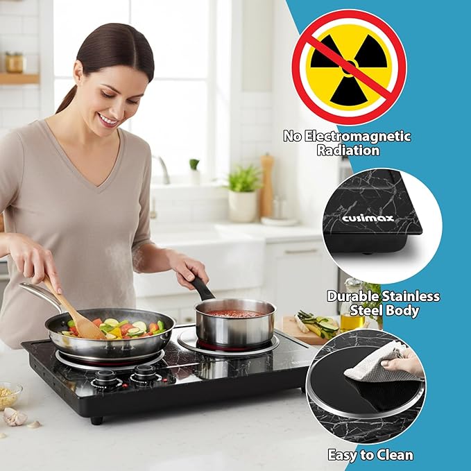 Hot Plate, CUSIMAX Double Burner Electric Hot Plate for Cooking, 1800W Dual Control Portable Stove Countertop Electric Burner Infrared Cooktop, Stainless Steel Black Marble