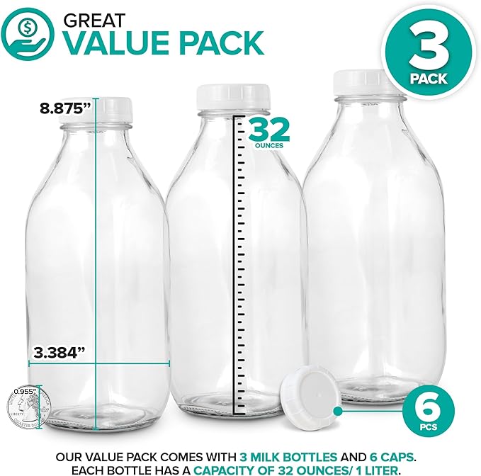 Stock Your Home Liter Glass Milk Bottle with Lid (3 Pack) 32 Oz Jugs and 6 White Caps, Reusable Food Grade Milk Container for Refrigerator, Bottles for Juice, Oat or Plant Milks, Water, Honey