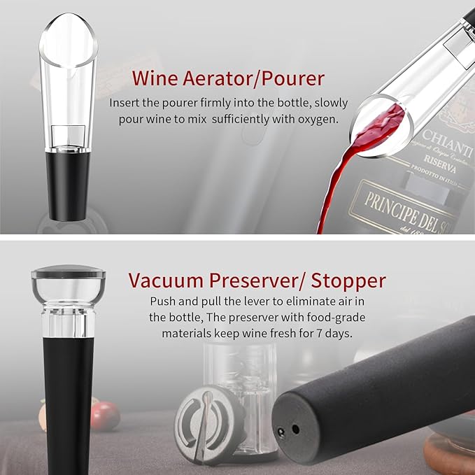 5-in-1 Electric Wine Opener Set Automatic Wine Opener Battery Operated Wine Bottle Opener with Wine Stopper, Wine Pour, Foil Cutter, Storage Base, Gift For Wine Lovers（Stainless Steel ）