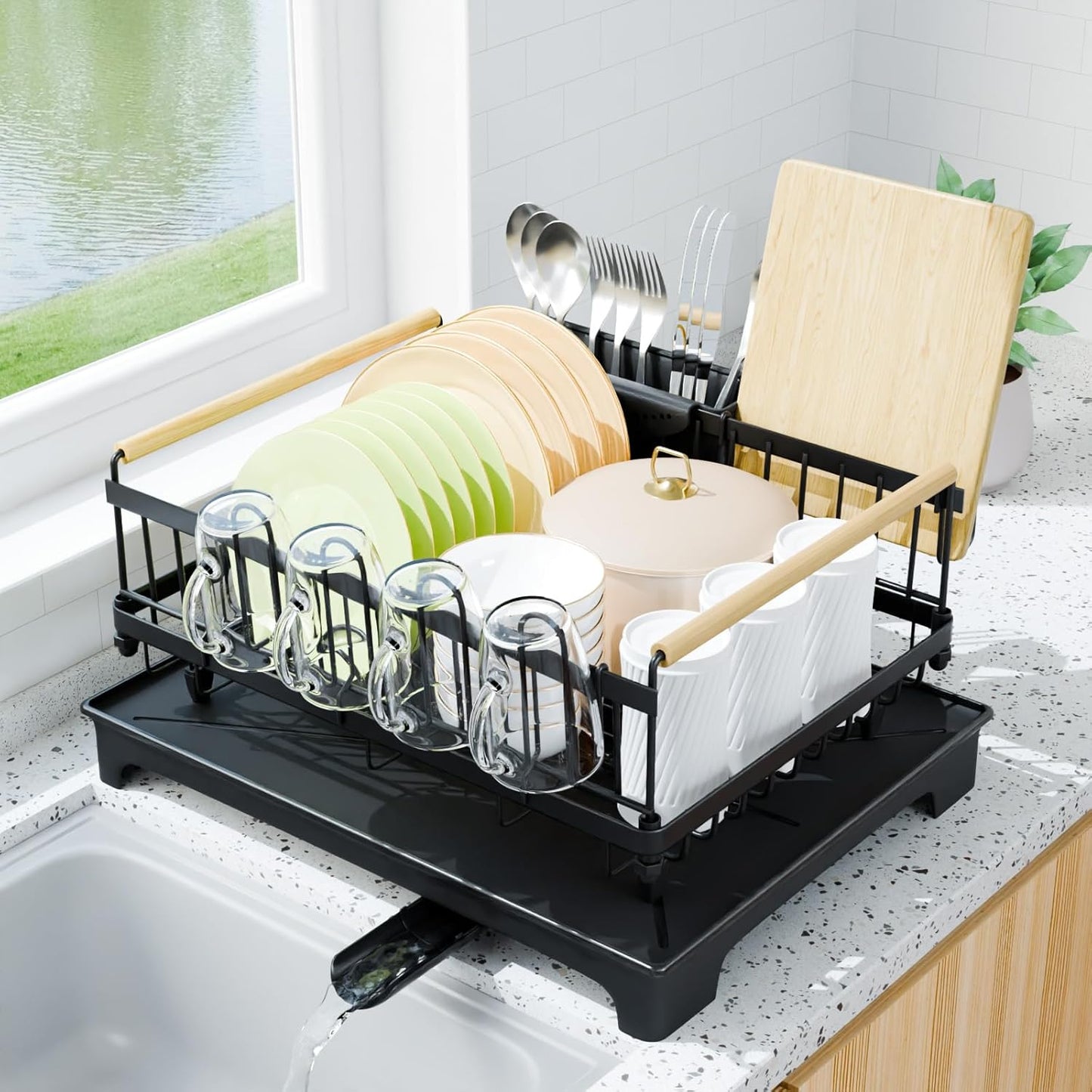 Dish Drying Rack, Drying Rack with Automatic Drainboard, Dish Racks for Kitchen Counter, Rustproof Dish Drainer with Removable Utensil Holder, Cups Holder,Black