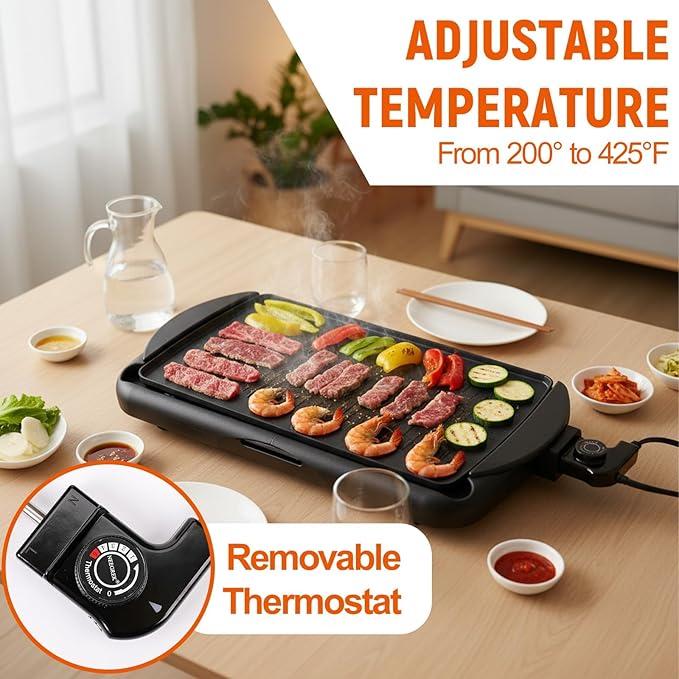 20" Electric Griddle, Ceramic Non-Stick Baking Pan Attemperation Griddle, 1400W Family-Sized Electric Skillet Extra Large Surface and Adjustable Temperature, Slide-Out Drip Tray, Black